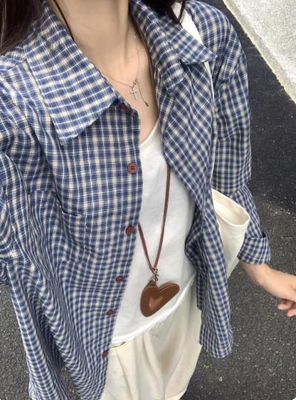 Loose-fitting blue check shirt TK0043