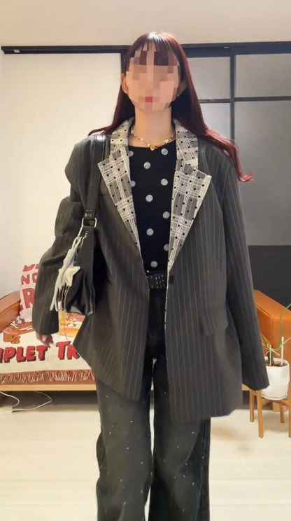 「bibi_s0821」Lace Collar Gray Stripe Jacket TK0340
