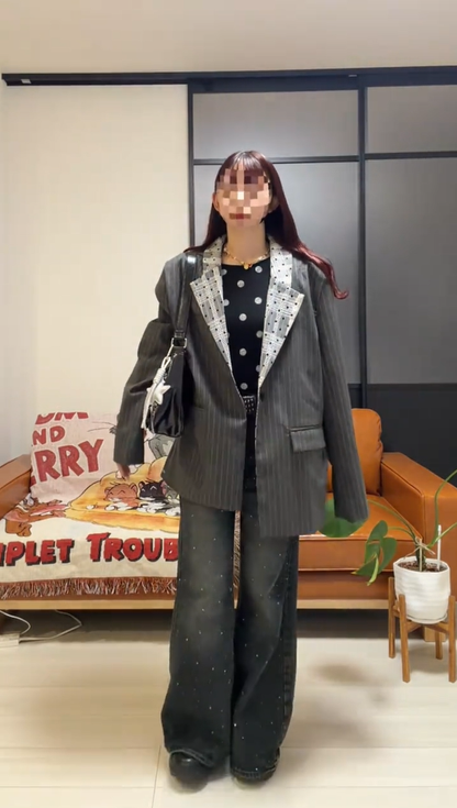 「bibi_s0821」Lace Collar Gray Stripe Jacket TK0340