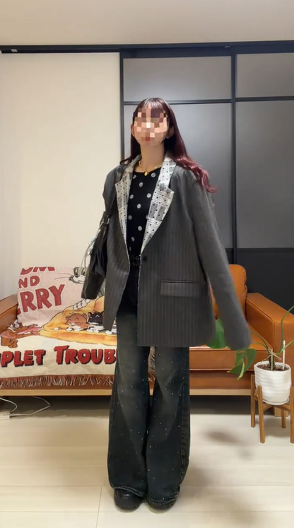 「bibi_s0821」Lace Collar Gray Stripe Jacket TK0340