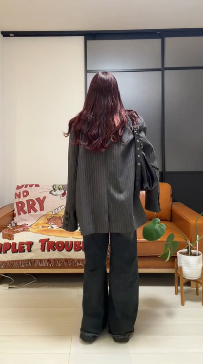 「bibi_s0821」Lace Collar Gray Stripe Jacket TK0340