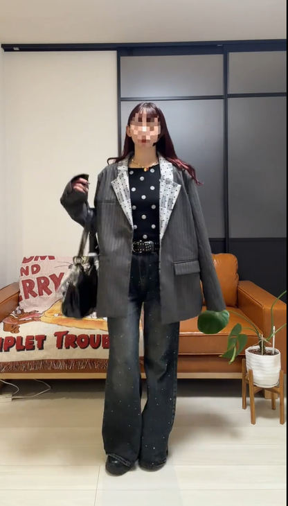 「bibi_s0821」Lace Collar Gray Stripe Jacket TK0340