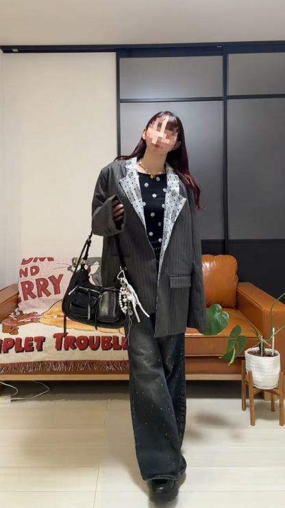 「bibi_s0821」Lace Collar Gray Stripe Jacket TK0340