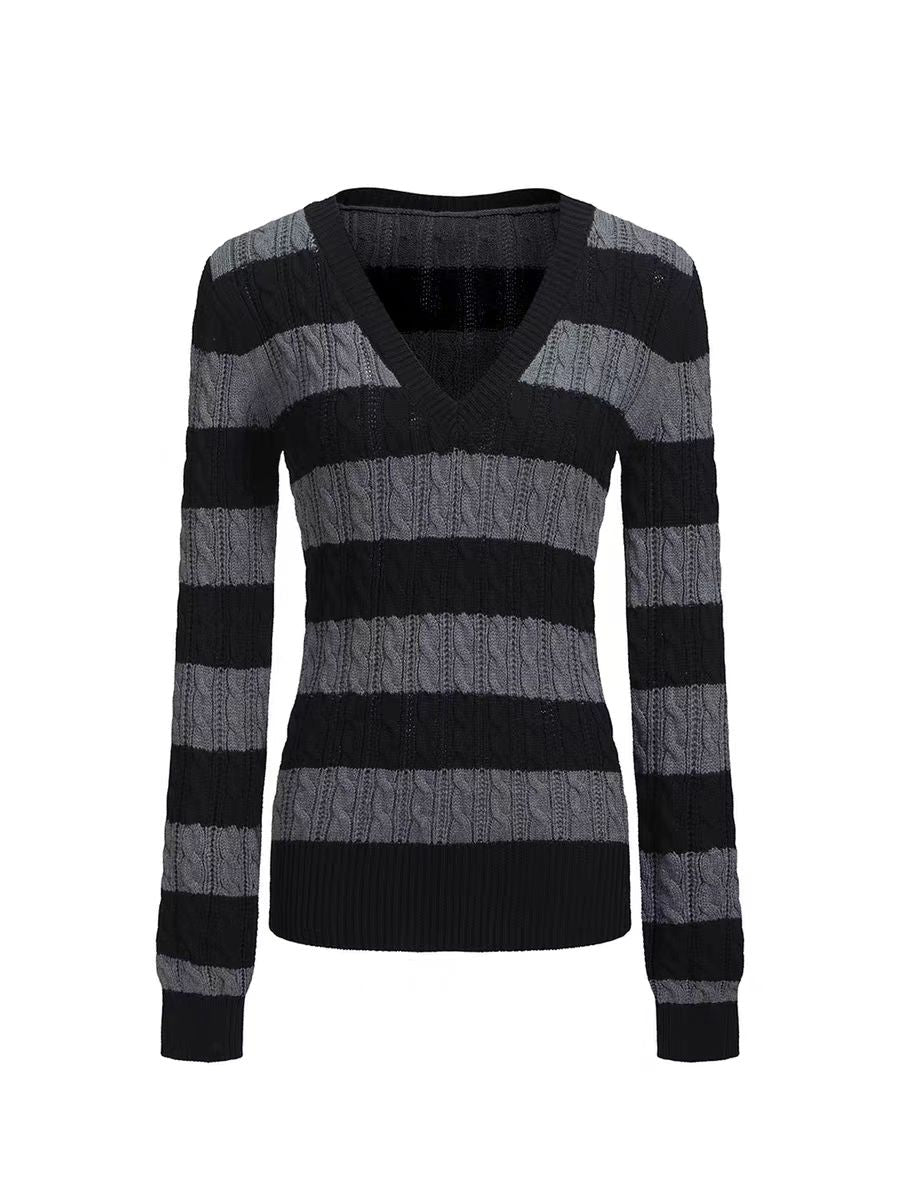 Two-tone striped V-neck top TK0381