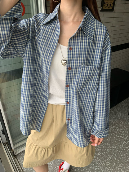 Loose-fitting blue check shirt TK0043