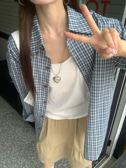Loose-fitting blue check shirt TK0043