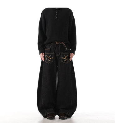 "Embroidered" Wide Baggy Denim Pants TK0305
