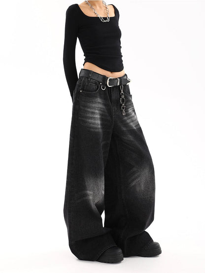 Black semi-wide denim pants TK0001