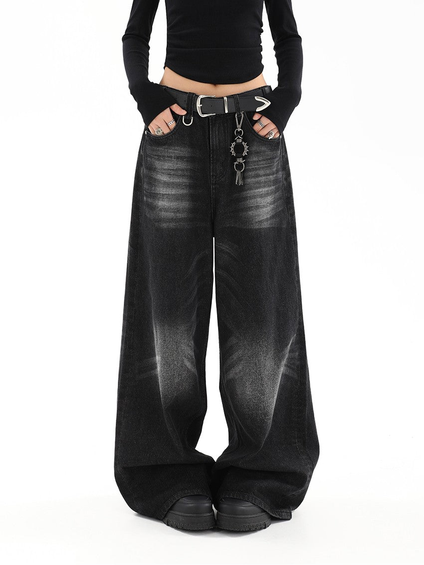Black semi-wide denim pants TK0001