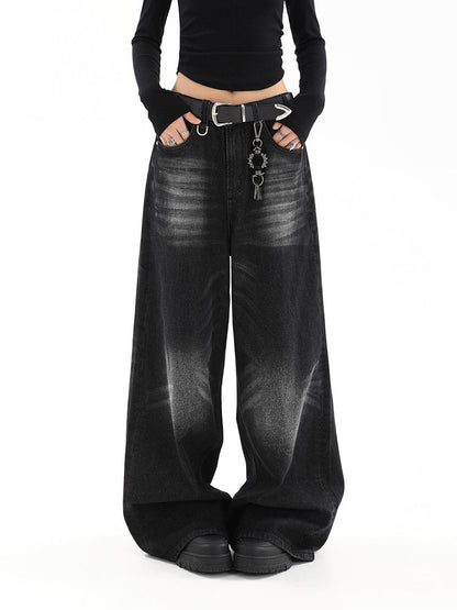 Black semi-wide denim pants TK0001