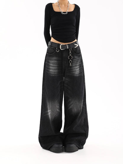 Black semi-wide denim pants TK0001