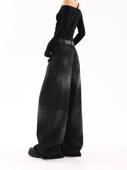 Black semi-wide denim pants TK0001