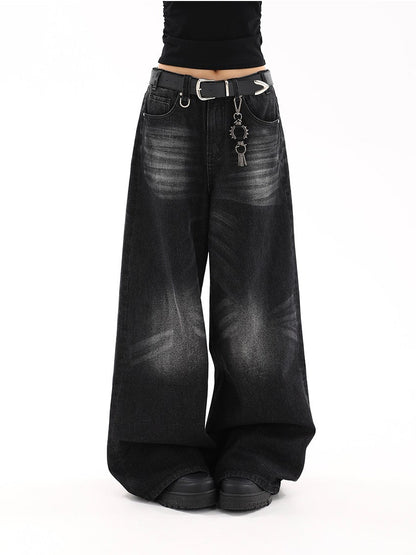 Black semi-wide denim pants TK0001