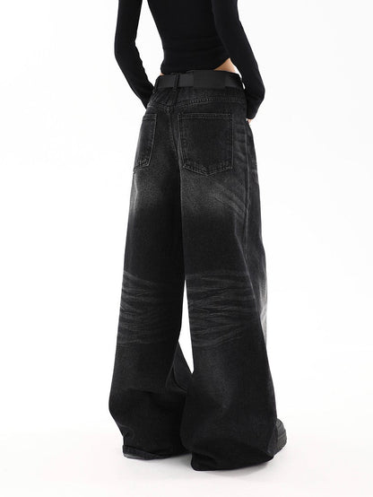 Black semi-wide denim pants TK0001