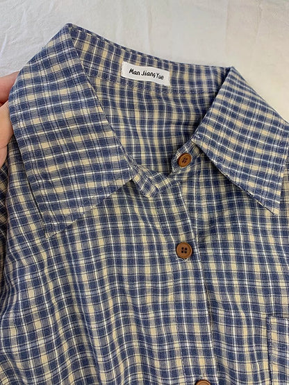Loose-fitting blue check shirt TK0043