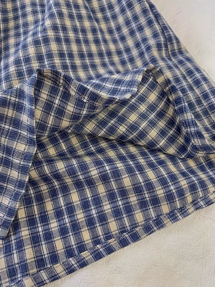 Loose-fitting blue check shirt TK0043