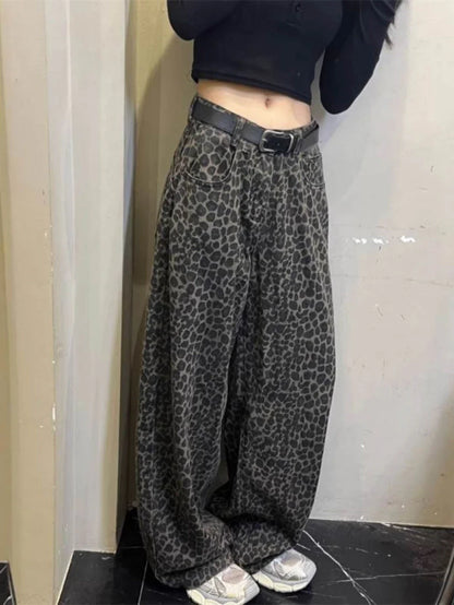 Versatile Leopard Print High-Waisted Wide Leg Jeans TK0095