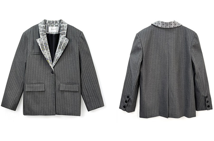 Lace Collar Gray Stripe Jacket TK0340