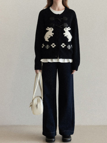 Rabbit embroidered toggle button knit cardigan TK0345