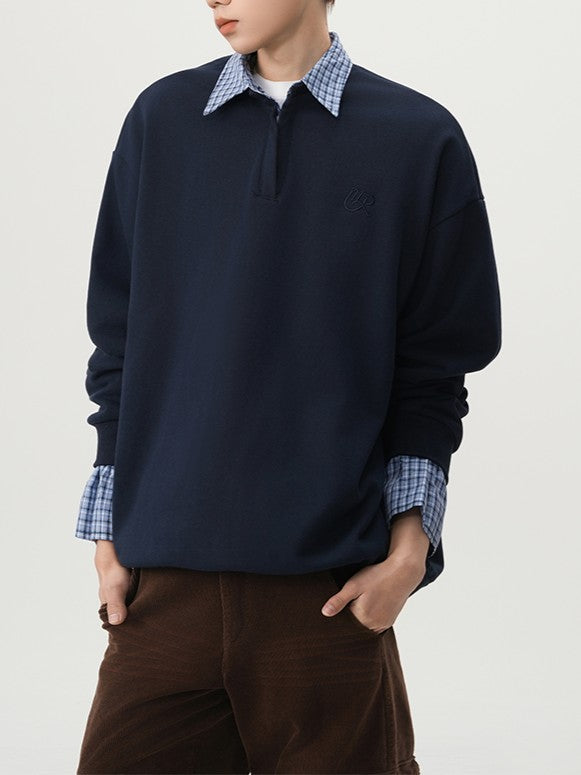 Faux Layered Shirt Collar Cotton Polo TK0352