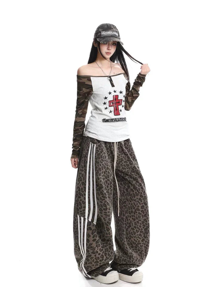 Leopard print striped easy pants TK0365