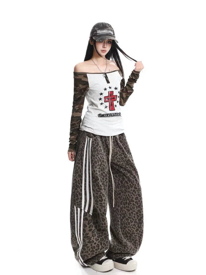 Leopard print striped easy pants TK0365