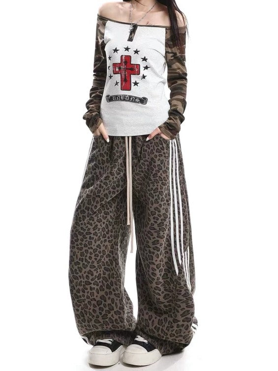 Leopard print striped easy pants TK0365