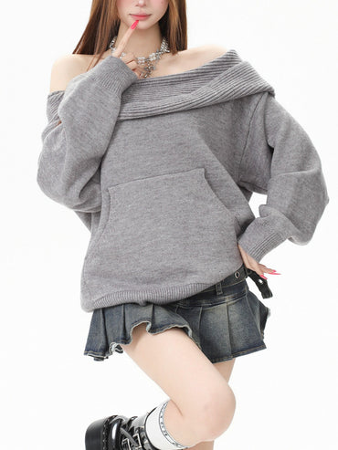 2-Way Hooded Off-Shoulder Knit Top TK0375