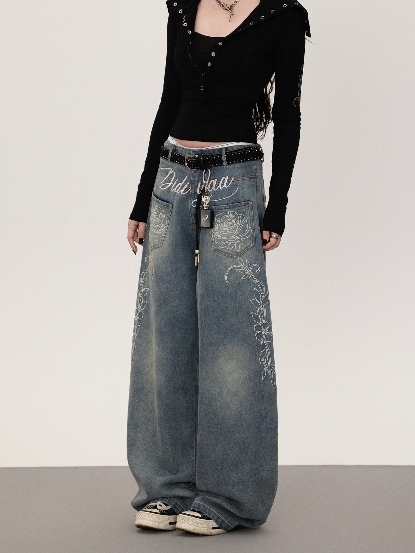 Floral print straight denim pants TK0377