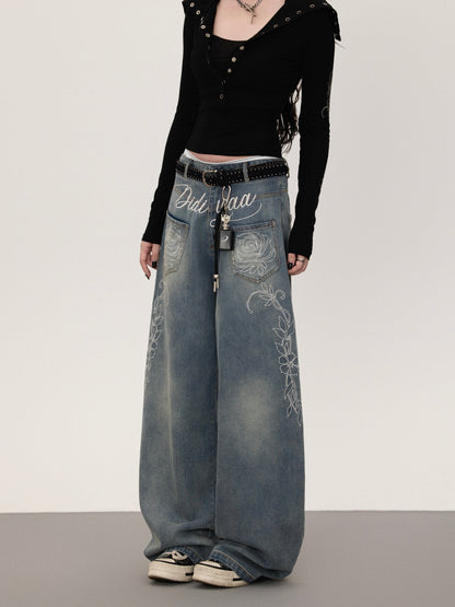 Floral print straight denim pants TK0377