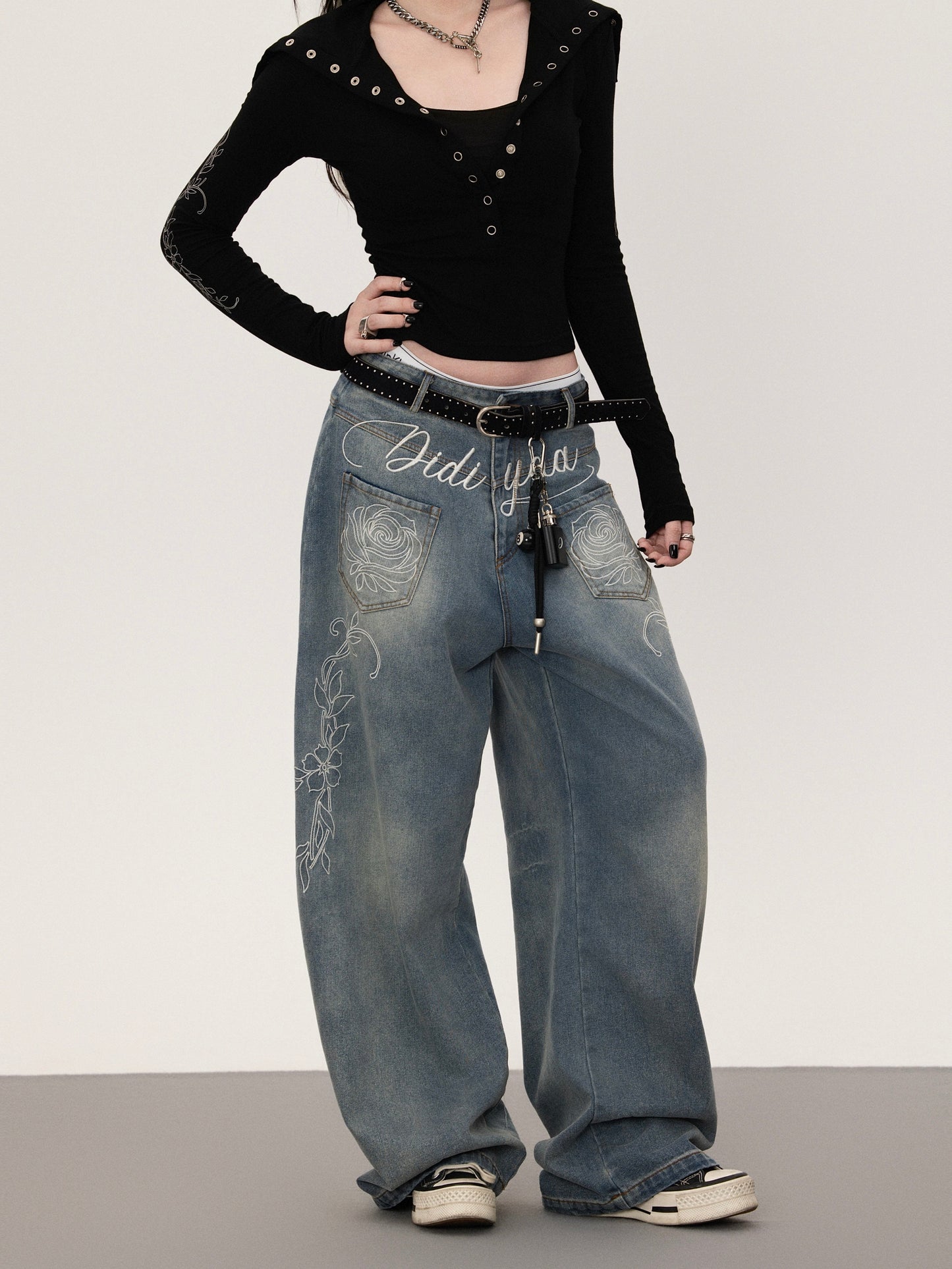 Floral print straight denim pants TK0377