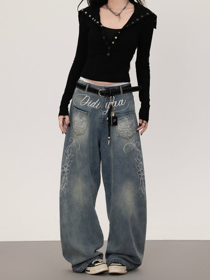 Floral print straight denim pants TK0377