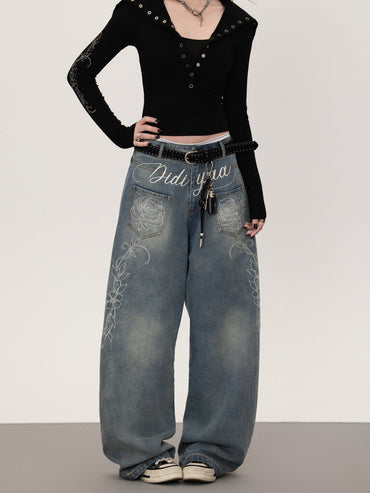 Floral print straight denim pants TK0377