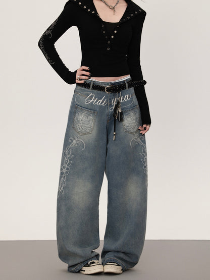 Floral print straight denim pants TK0377