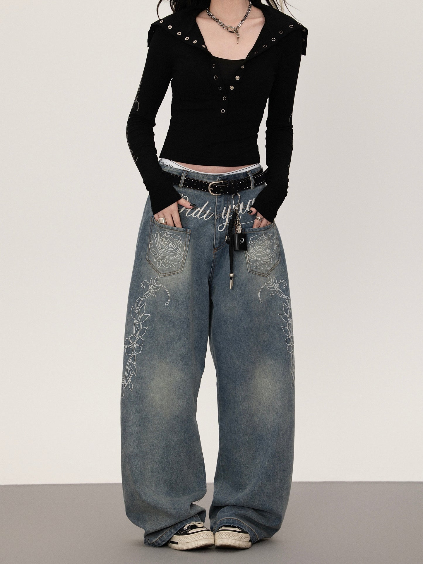 Floral print straight denim pants TK0377