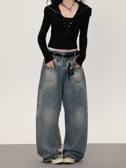 Floral print straight denim pants TK0377