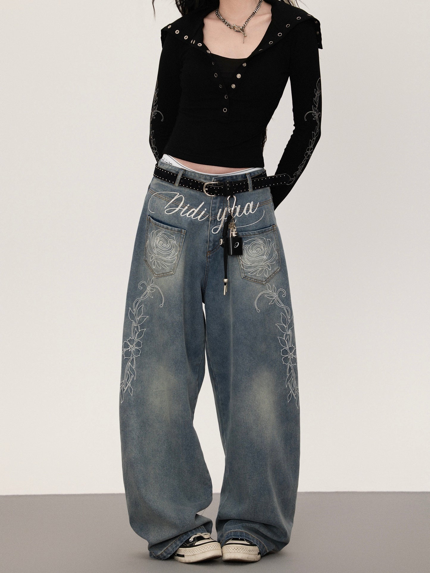 Floral print straight denim pants TK0377