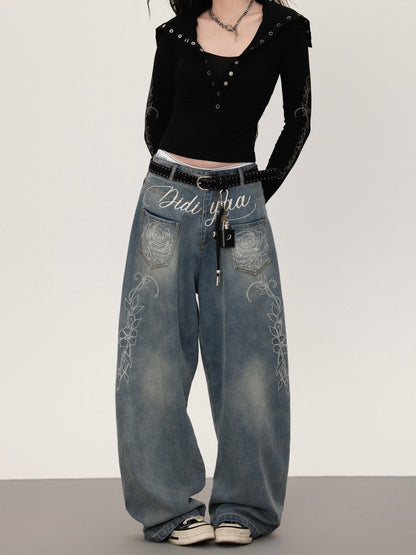 Floral print straight denim pants TK0377