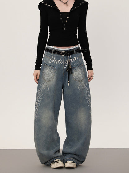 Floral print straight denim pants TK0377