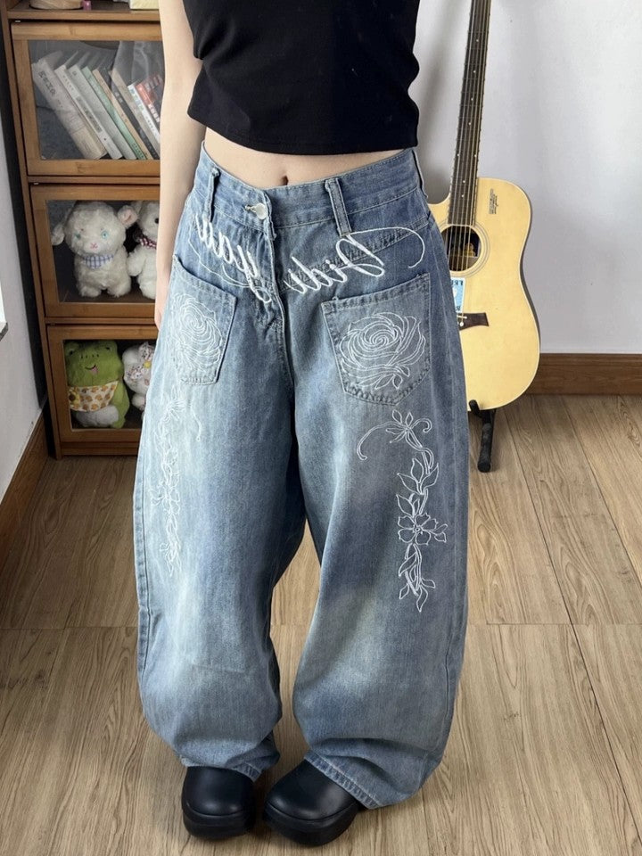 Floral print straight denim pants TK0377