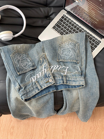 Floral print straight denim pants TK0377