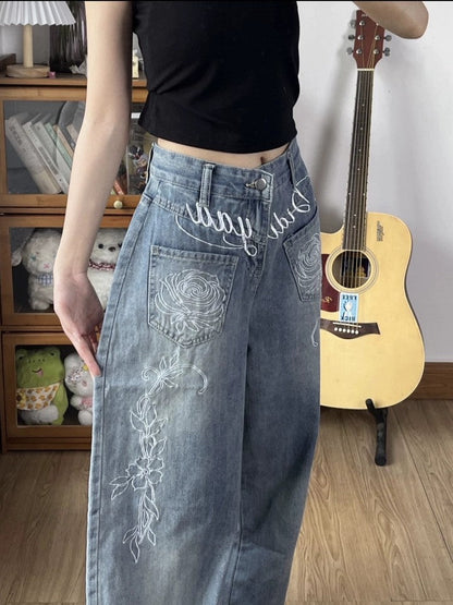 Floral print straight denim pants TK0377