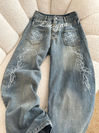 Floral print straight denim pants TK0377