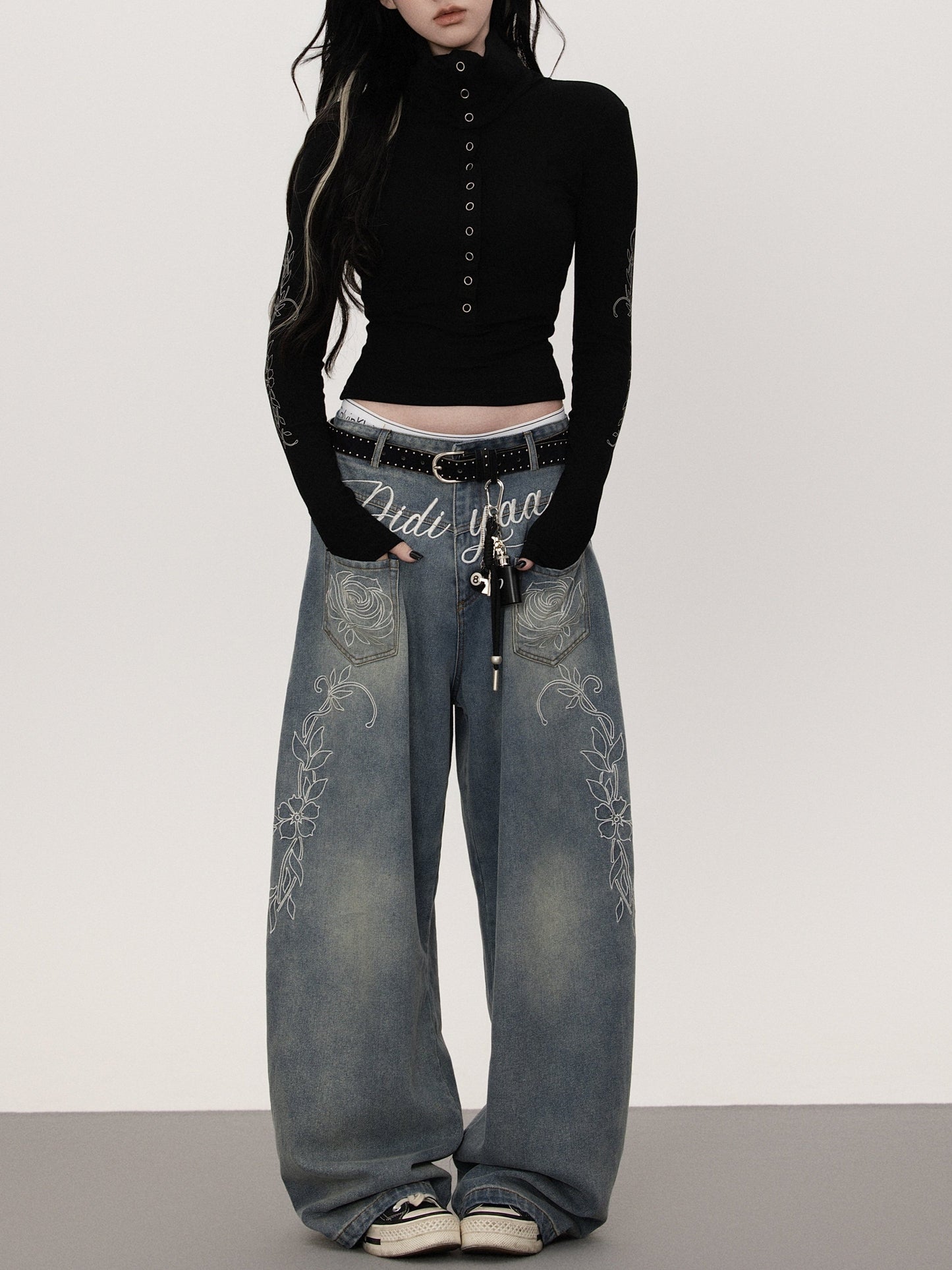 Floral print straight denim pants TK0377
