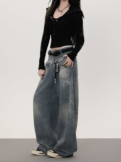 Floral print straight denim pants TK0377