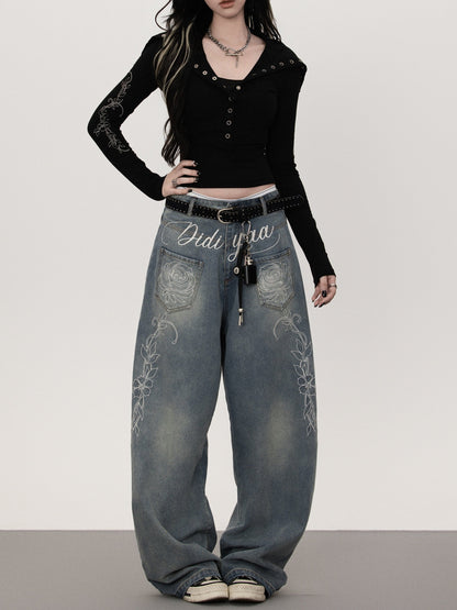 Floral print straight denim pants TK0377