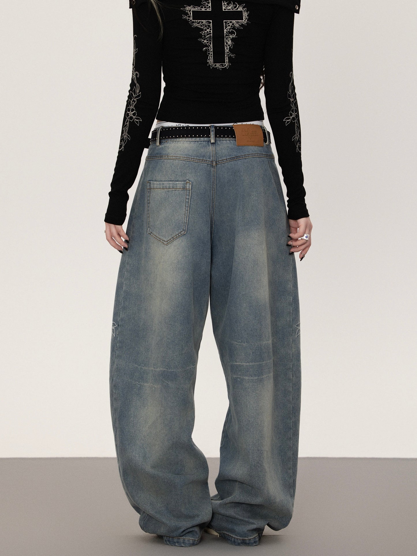 Floral print straight denim pants TK0377