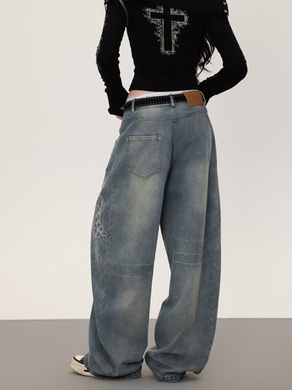Floral print straight denim pants TK0377