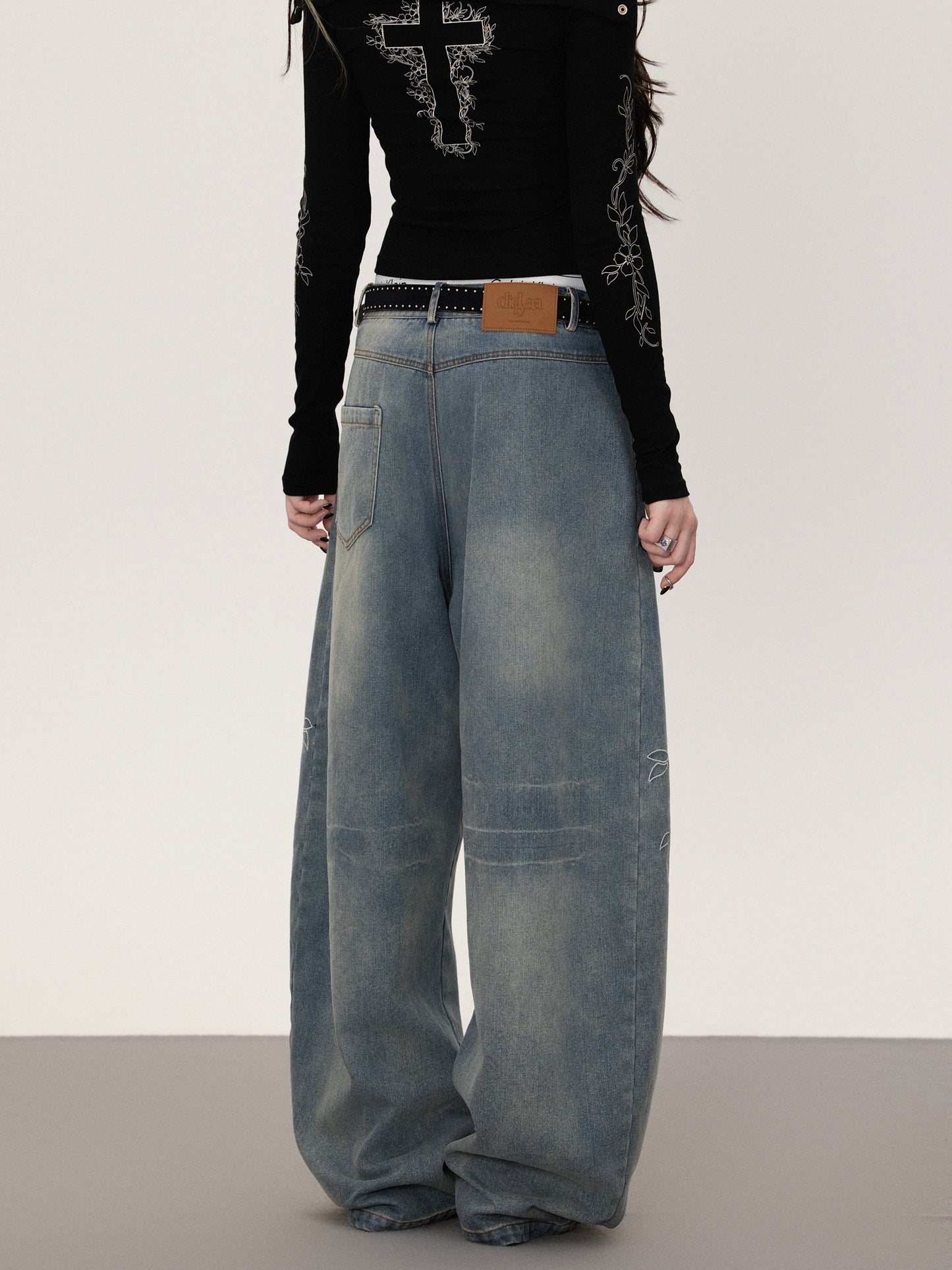 Floral print straight denim pants TK0377