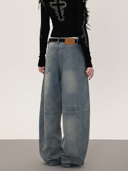 Floral print straight denim pants TK0377